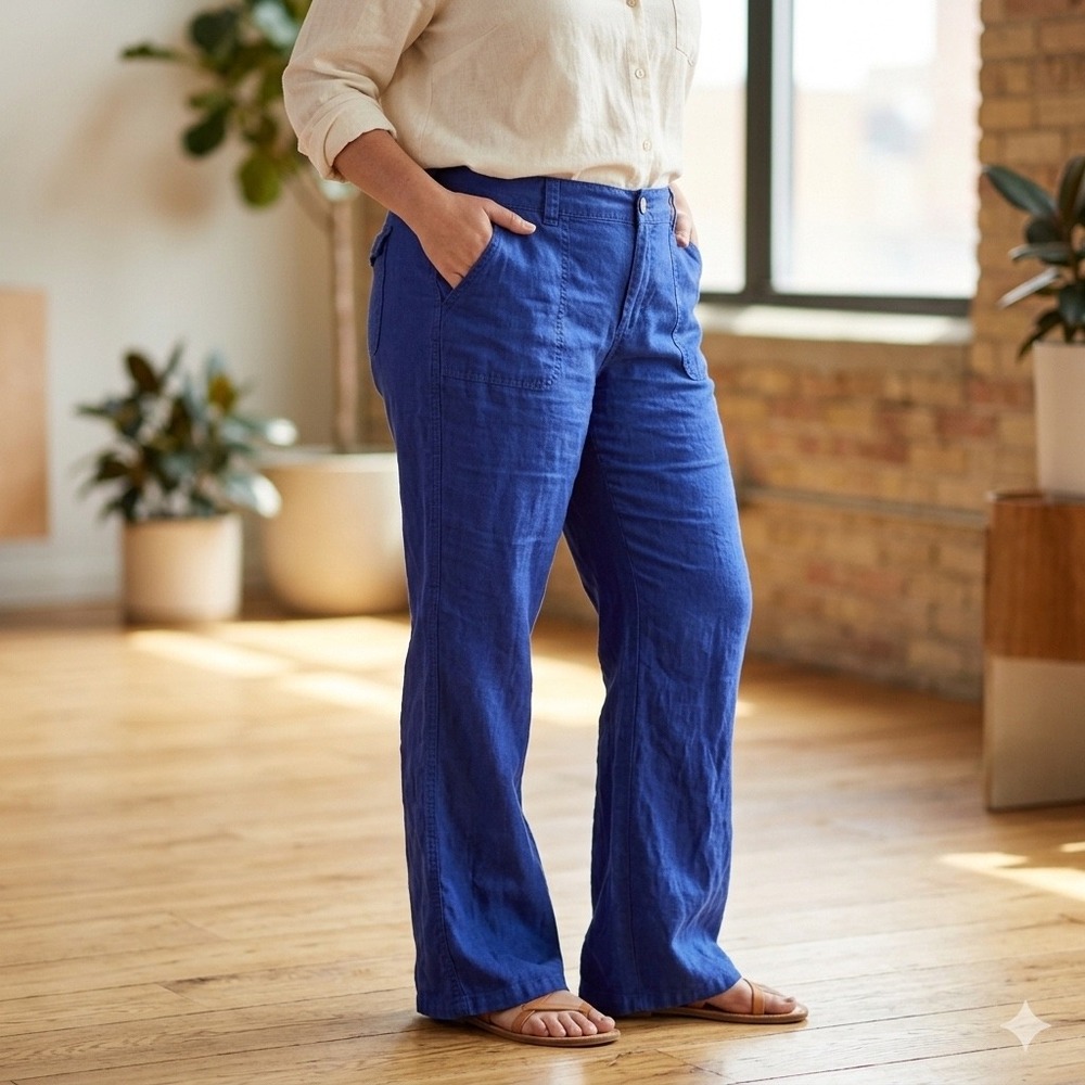 London Jean Womens Blue 100% Linen Wide Leg Pants Sz 12 Coastal Summer Trousers